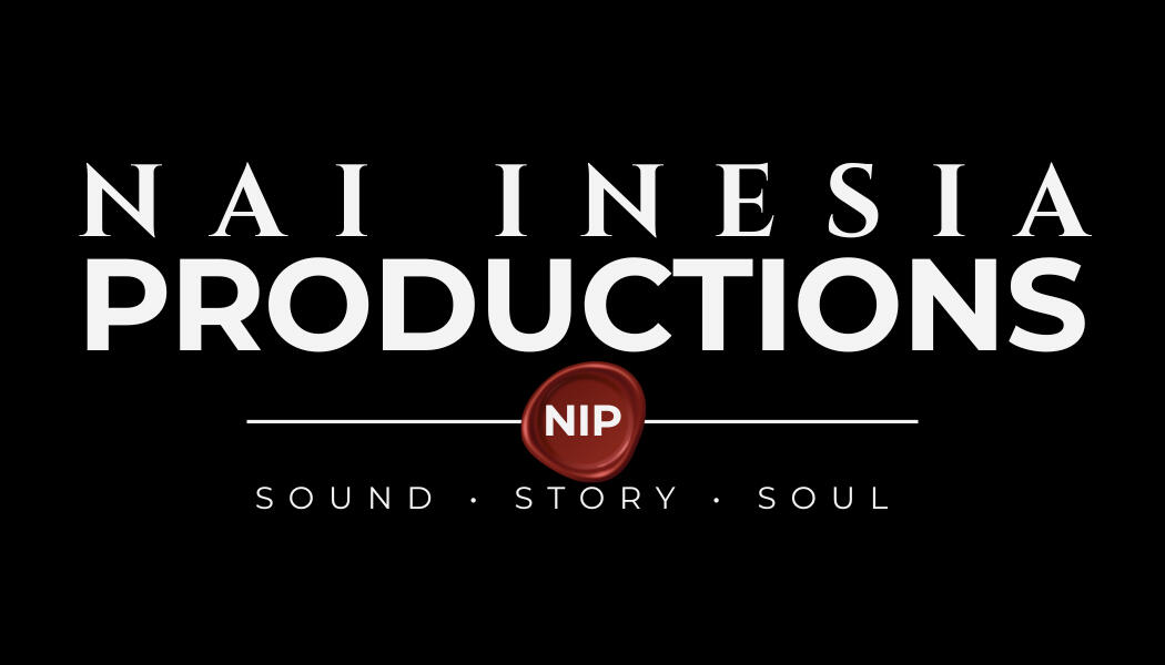 Primary logo of Nai Inesia Productions featuring the company name in white lettering, a red circular NIP emblem, and the tagline “Sound • Story • Soul” on a black background.